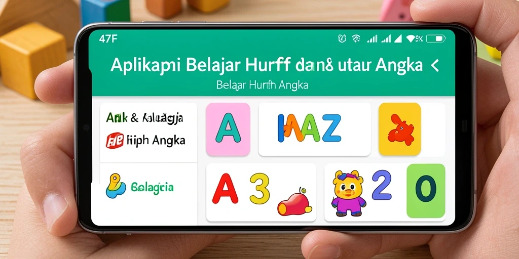 Antarmuka aplikasi 47F yang ceria dan interaktif untuk belajar huruf dan angka.