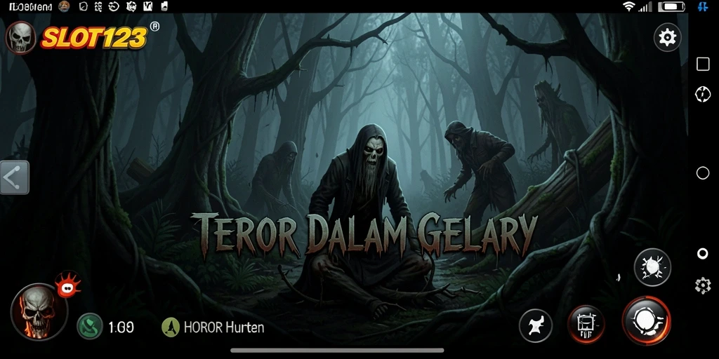 Tampilan antarmuka SLOT123 yang mencekam dengan suasana hutan horor.