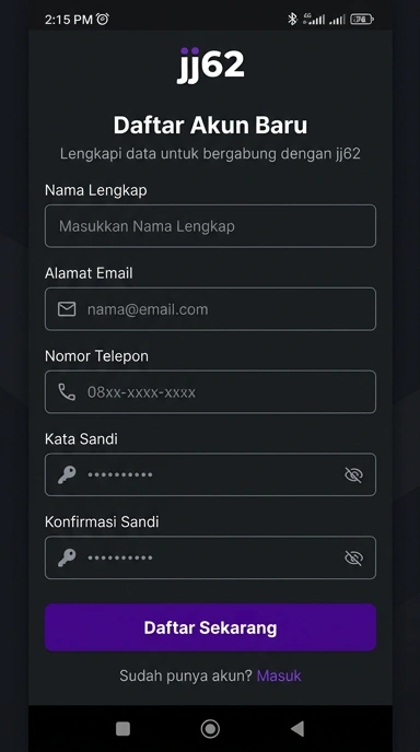 Tampilan halaman daftar jj62